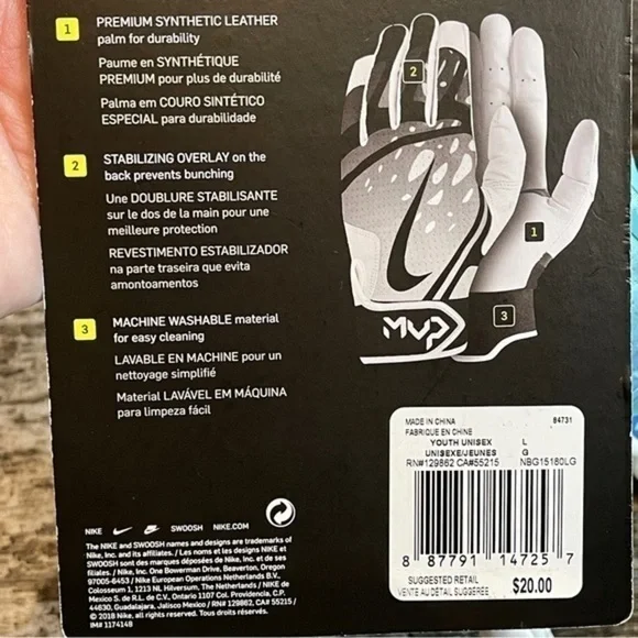 NWT Nike Youth Hyperdiamond 2.0 Batting Glove White Aqua Size Large NEW - Picture 7 of 14